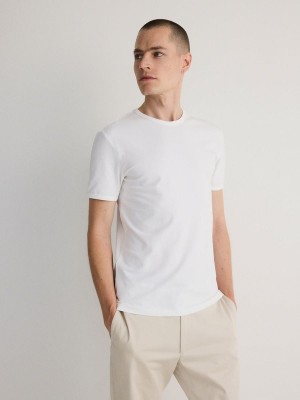 White Reserved Slim Fit Men's T-shirts | KRYZ-87325