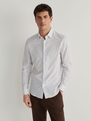 White Reserved Striped Slim Fit Men's Shirts | RBEM-47018