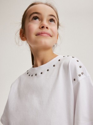 White Reserved Studded Girls' T-shirts | CJQO-52013