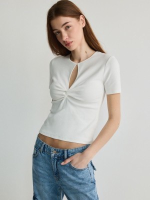 White Reserved T-cut-out Neckline Detail Women's Shirts | MNTV-82605