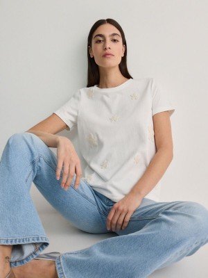 White Reserved T-decorative Embroidery Women's Shirts | AKBY-76195