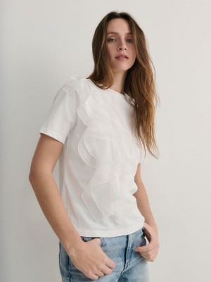 White Reserved T-decorative Ruffle Detail Women's Shirts | UGRV-57236