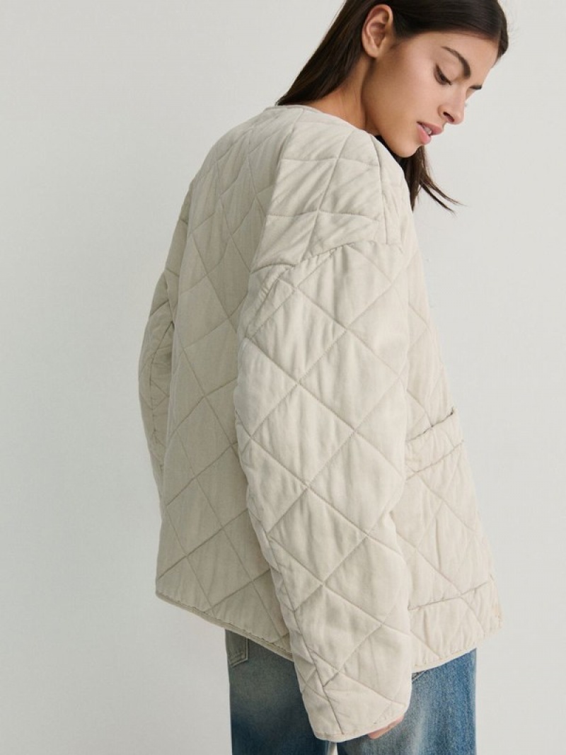 Beige Reserved Acid Wash Effect Quilted Women's Jackets | DXNI-02571