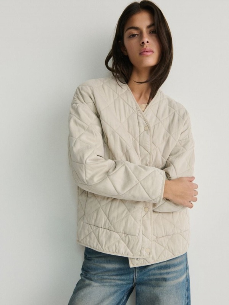 Beige Reserved Acid Wash Effect Quilted Women's Jackets | DXNI-02571