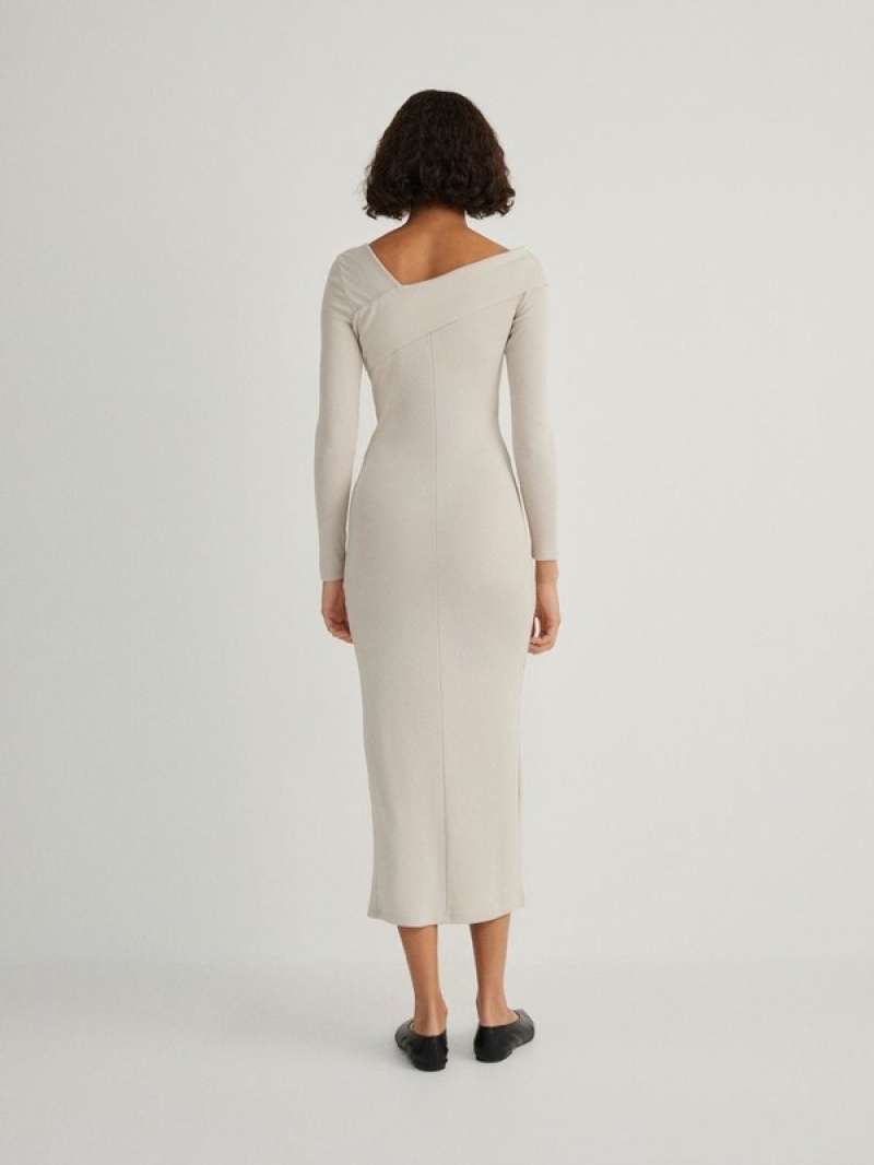 Beige Reserved Asymmetric Neckline Jersey Women's Dress | OQAK-13940