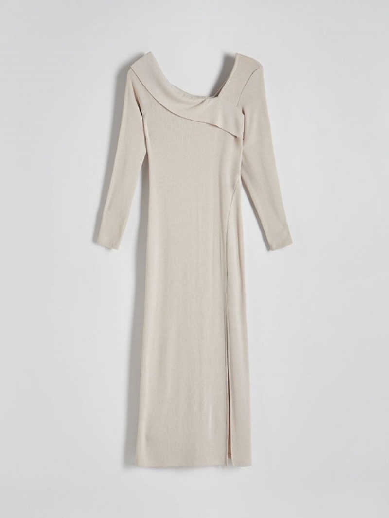 Beige Reserved Asymmetric Neckline Jersey Women's Dress | OQAK-13940