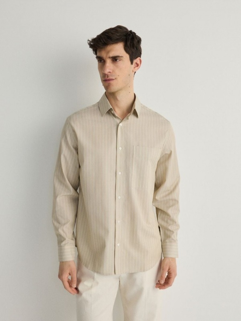 Beige Reserved Comfort Fit Stripe Men's Shirts | RILH-84973