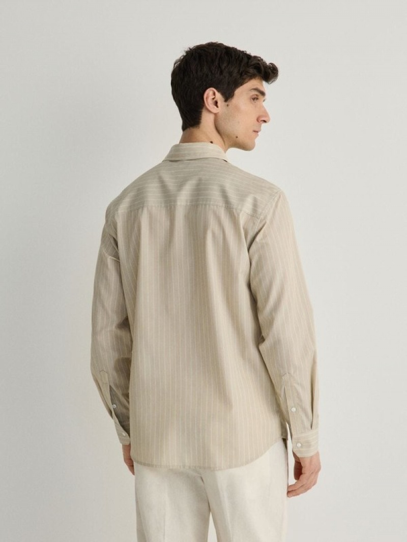 Beige Reserved Comfort Fit Stripe Men's Shirts | RILH-84973