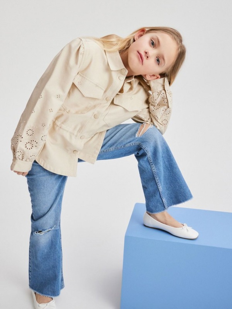 Beige Reserved Cotton Truckerembroidery Girls' Jackets | MTOX-29876