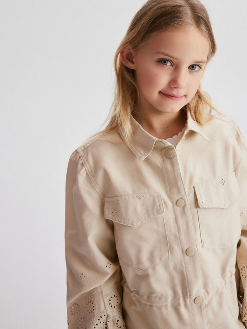 Beige Reserved Cotton Truckerembroidery Girls' Jackets | MTOX-29876