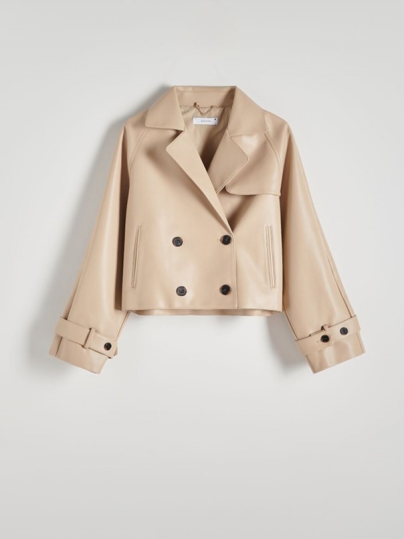 Beige Reserved Double-breasted Faux Leather Women's Jackets | IYBW-01369