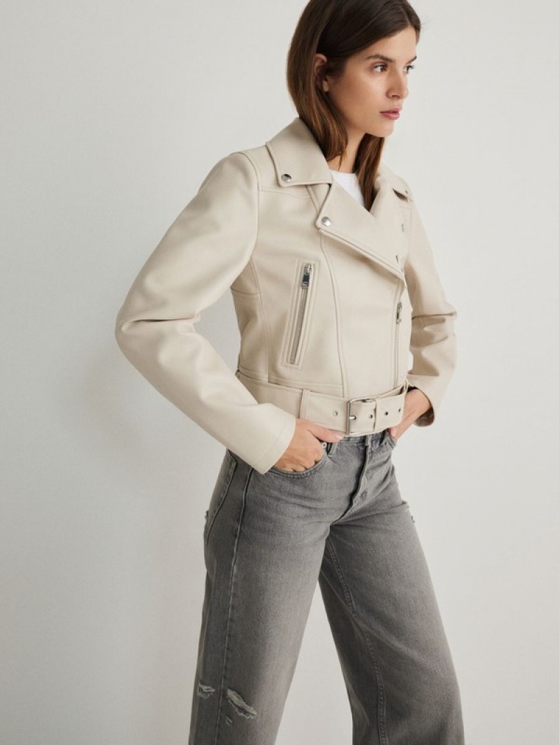 Beige Reserved Faux Leather Biker Women's Jackets | BDTM-92153