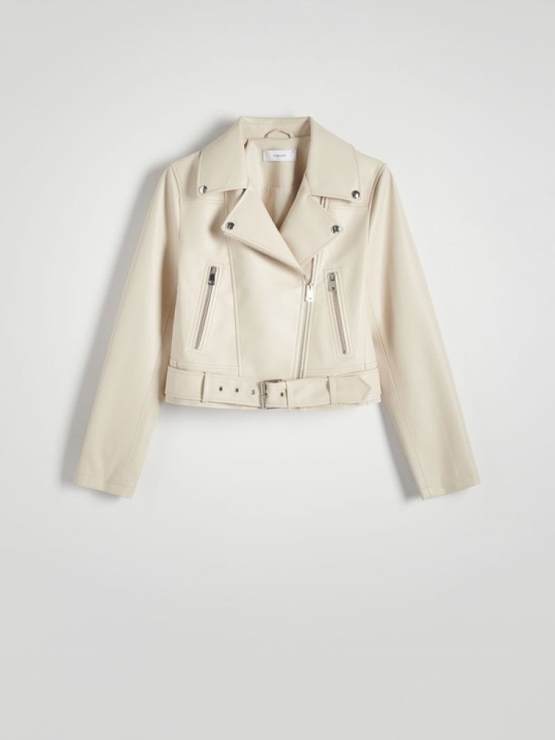 Beige Reserved Faux Leather Biker Women's Jackets | BDTM-92153