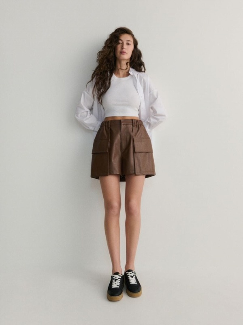 Beige Reserved Faux Leather Women's Shorts | RXSK-19345