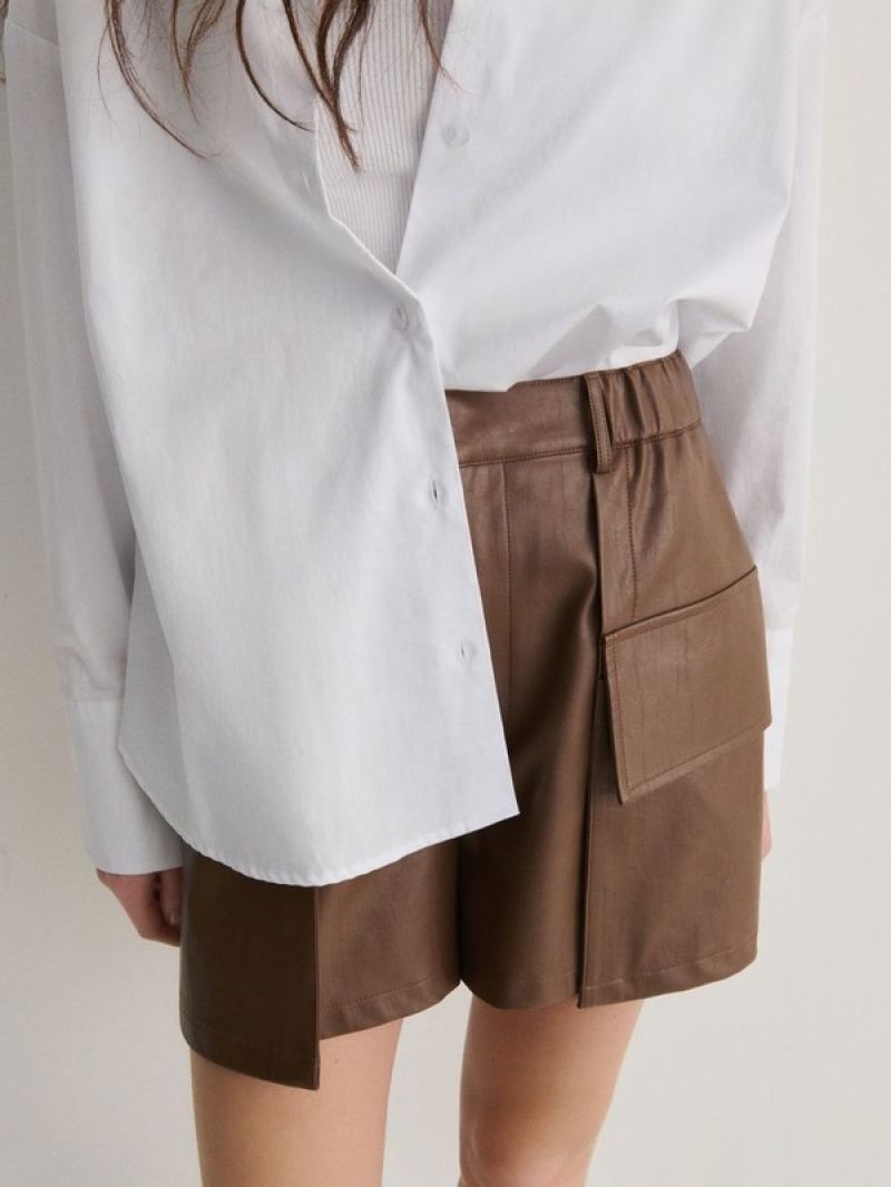 Beige Reserved Faux Leather Women\'s Shorts | RXSK-19345