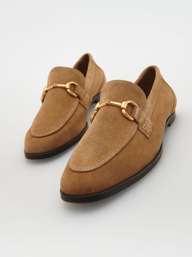 Beige Reserved Leather Women's Loafers | DGAJ-31750