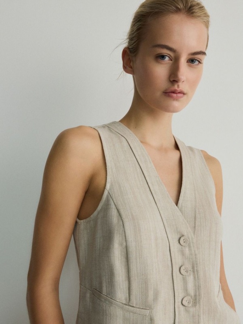 Beige Reserved Linen Blend Women's Vest | IFOE-21506