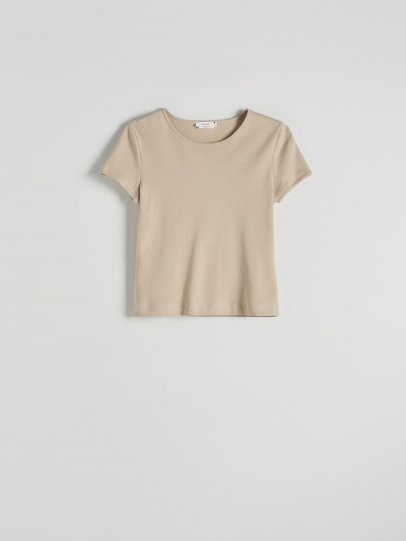 Beige Reserved Mercerised Organic Cotton Women's T-shirts | MZPJ-50641