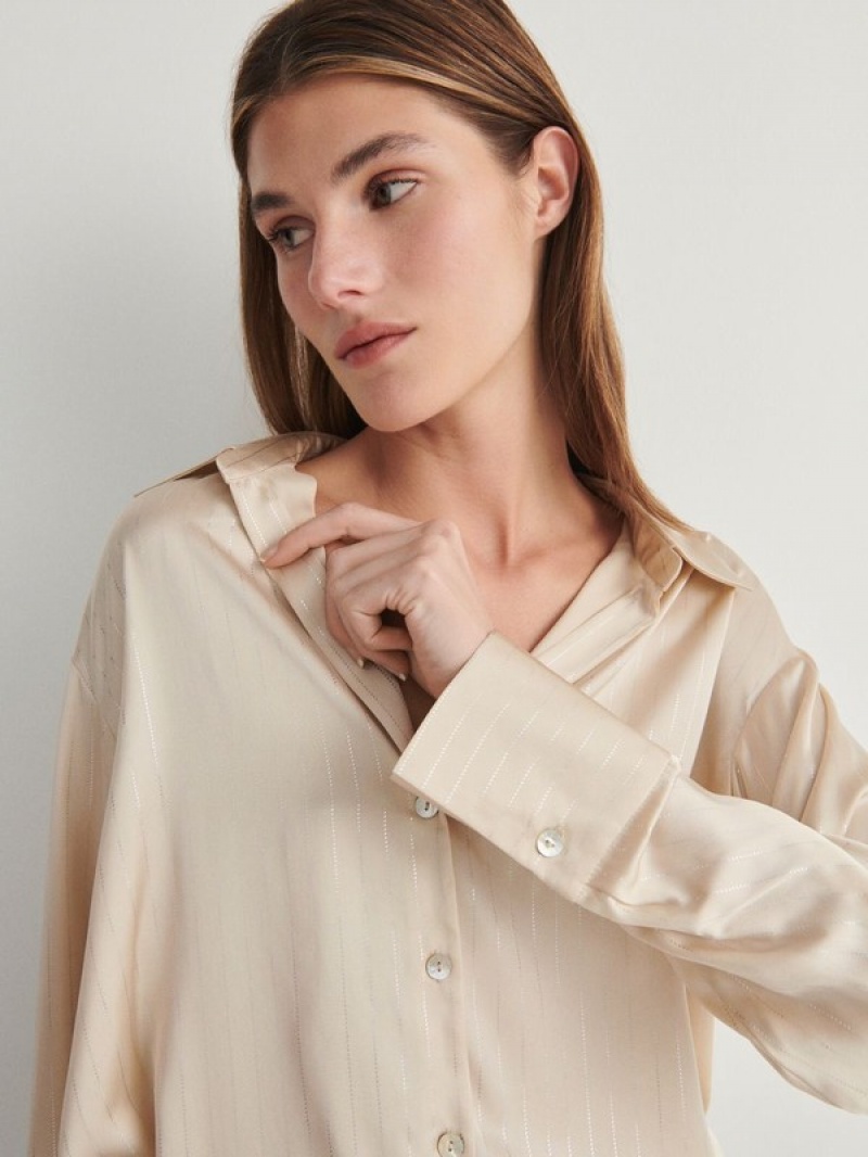 Beige Reserved Metallic Stripes Women's Shirts | YFPE-31570