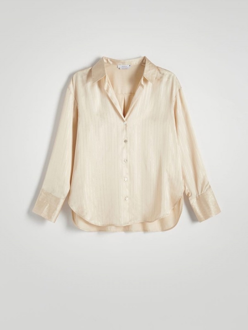 Beige Reserved Metallic Stripes Women's Shirts | YFPE-31570