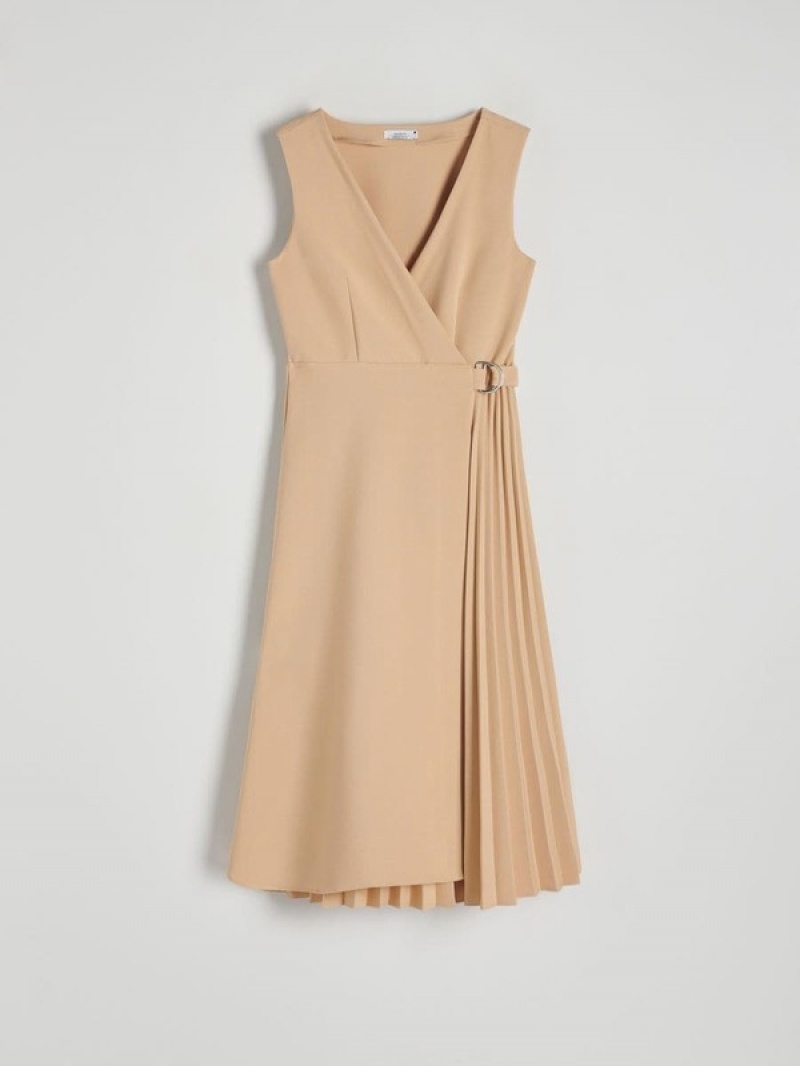 Beige Reserved Midipleats Women's Dress | BEVO-52734