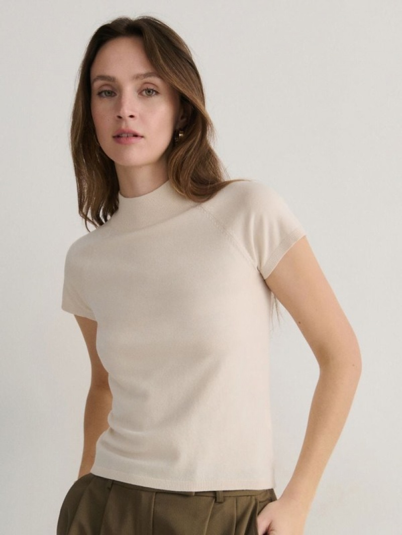 Beige Reserved Mock Neck Women's Shirts | XBIM-54309