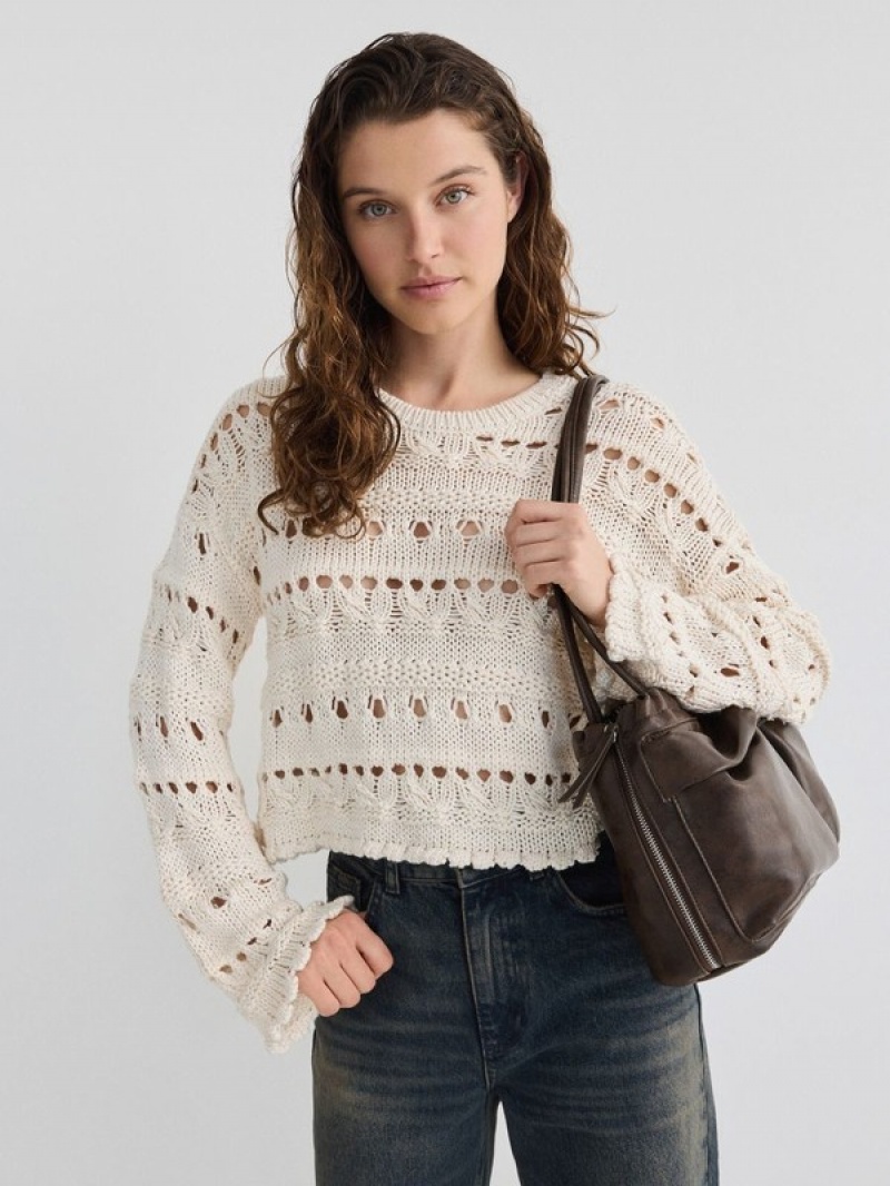 Beige Reserved Openwork Knit Women's Sweaters | PWYL-87256