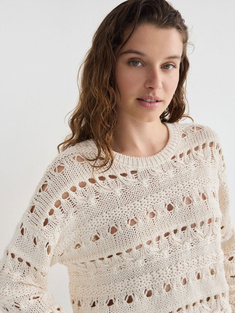 Beige Reserved Openwork Knit Women's Sweaters | PWYL-87256