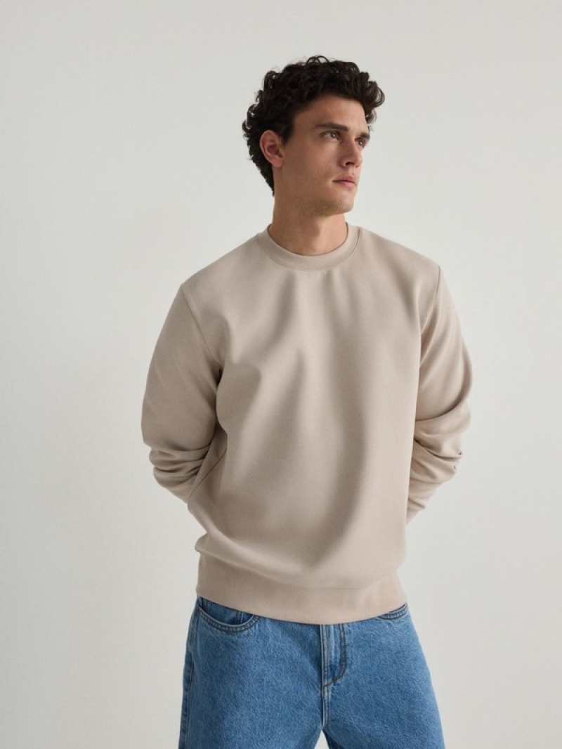 Beige Reserved Plain Cotton Rich Men's Sweatshirts | PZDW-78293