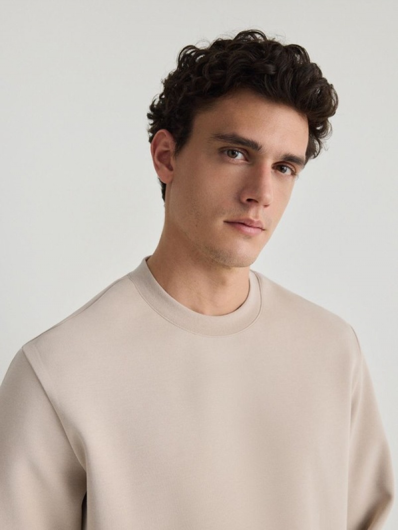 Beige Reserved Plain Cotton Rich Men's Sweatshirts | PZDW-78293