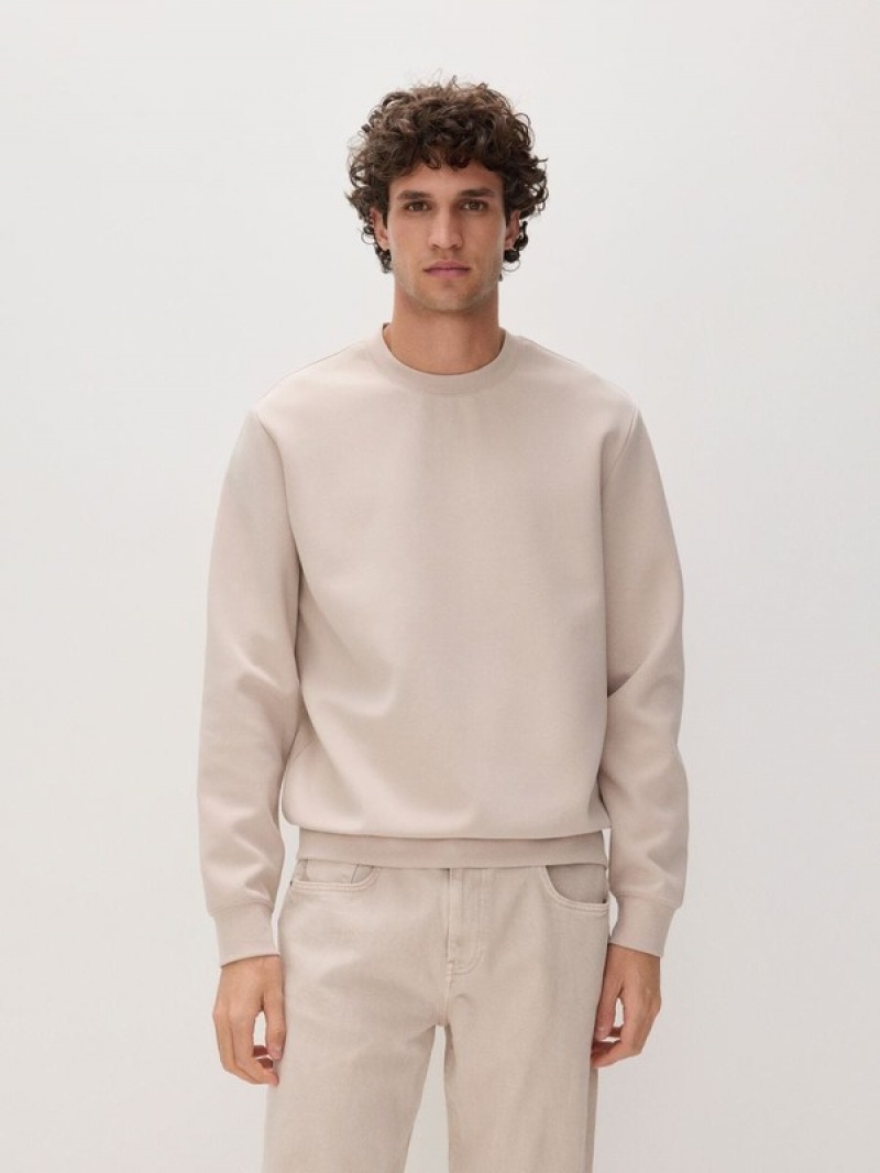 Beige Reserved Plain Cotton Rich Men's Sweatshirts | UIKS-75941