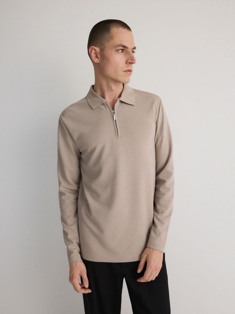 Beige Reserved Regular Fit Long Sleeve Men's Polo Shirts | AZGF-32189