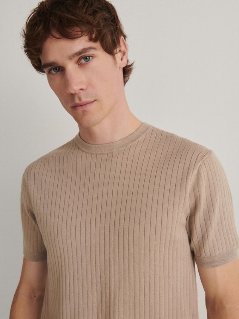 Beige Reserved Regular Fit Rib Knit Men's T-shirts | MGWL-67951