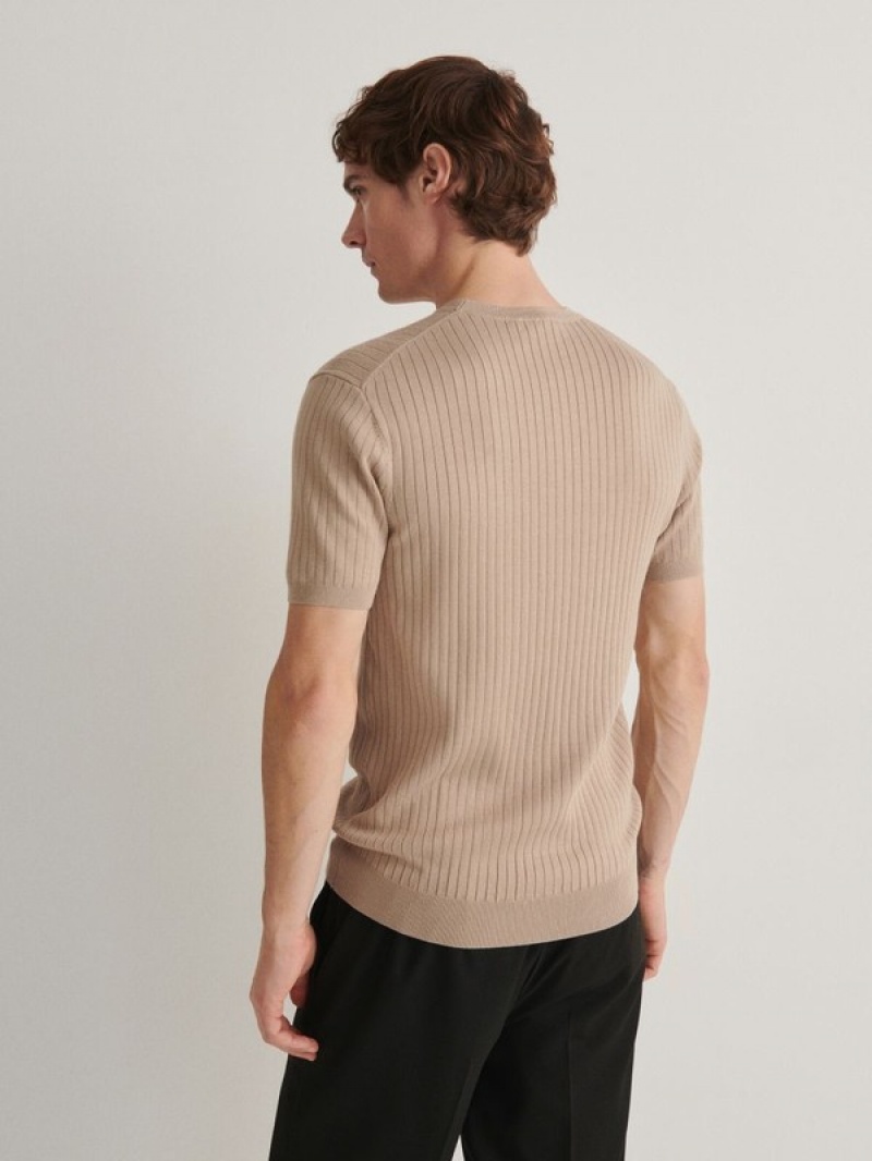 Beige Reserved Regular Fit Rib Knit Men's T-shirts | MGWL-67951