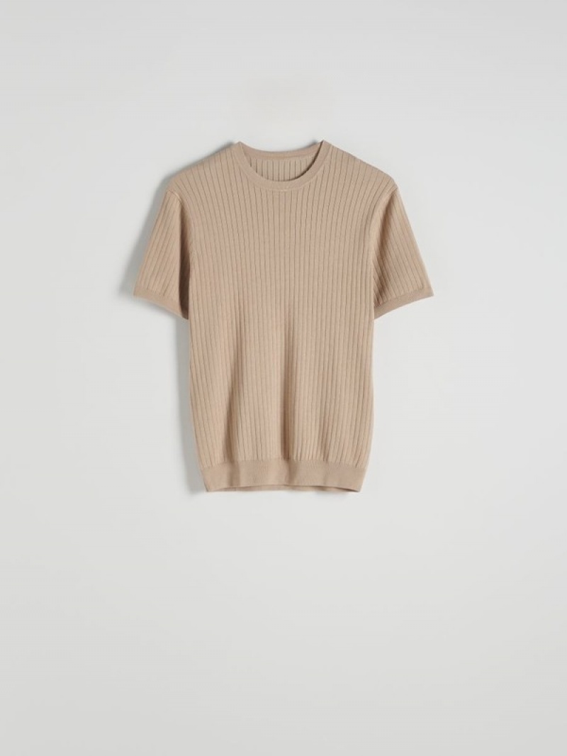 Beige Reserved Regular Fit Rib Knit Men's T-shirts | MGWL-67951