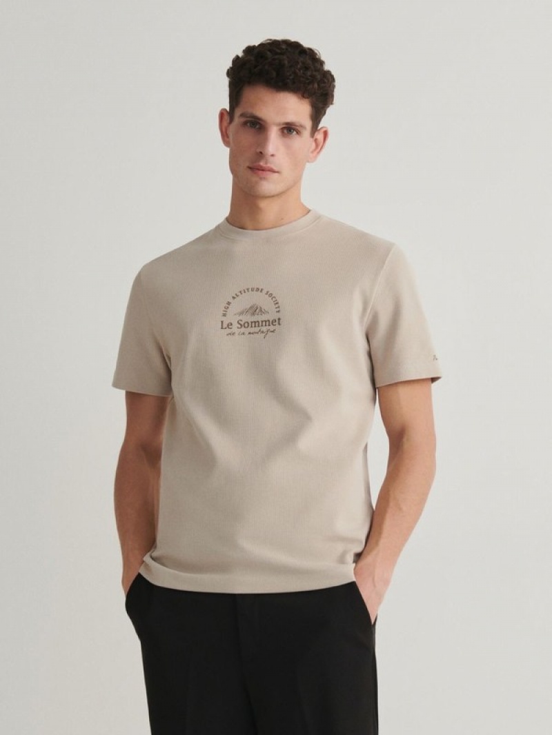 Beige Reserved Regular Fit T-print Men's T-shirts | GRTB-65318