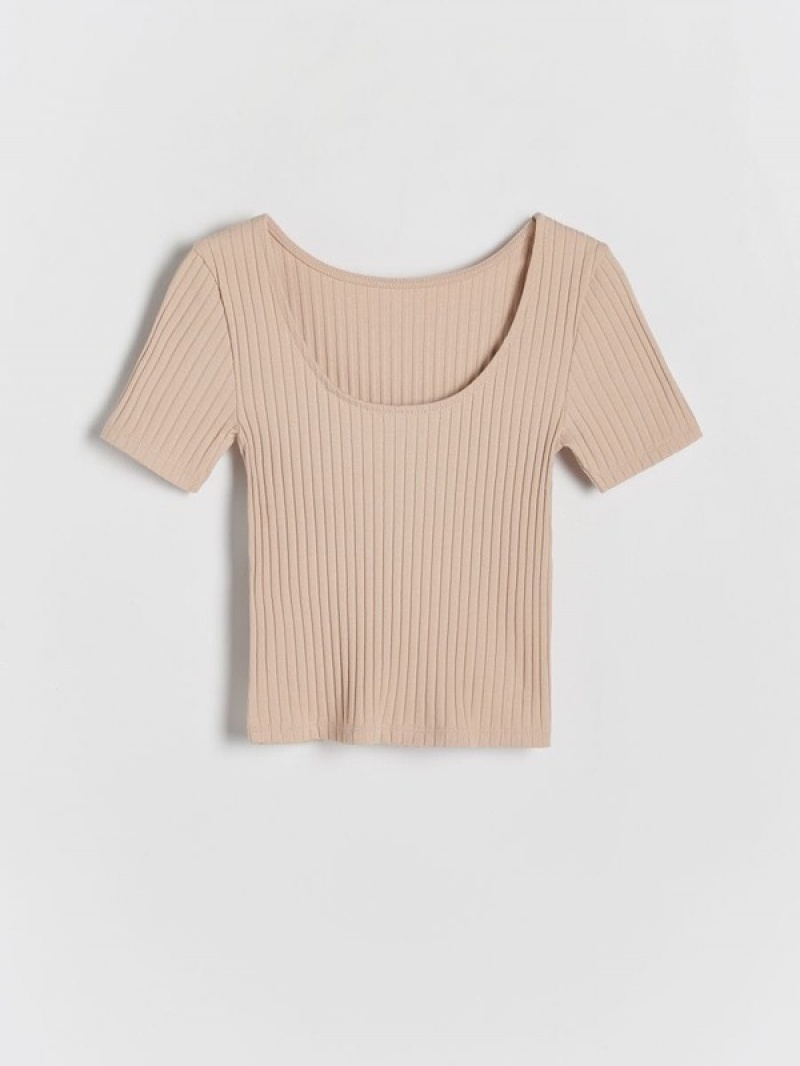 Beige Reserved Rib Knit Girls' T-shirts | RUPC-96304