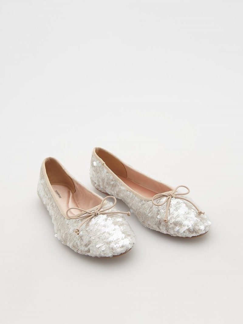 Beige Reserved Sequin Ballerinas Women's Loafers | NQCR-10392