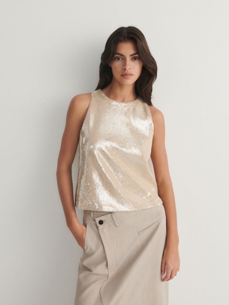 Beige Reserved Sequin Jersey Top Women's T-shirts | VFZH-47583