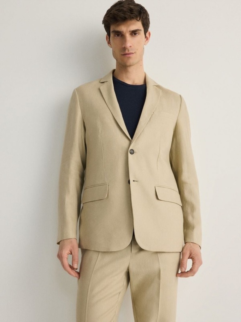 Beige Reserved Slim Fit Linen Men's Suits | AJMS-65370