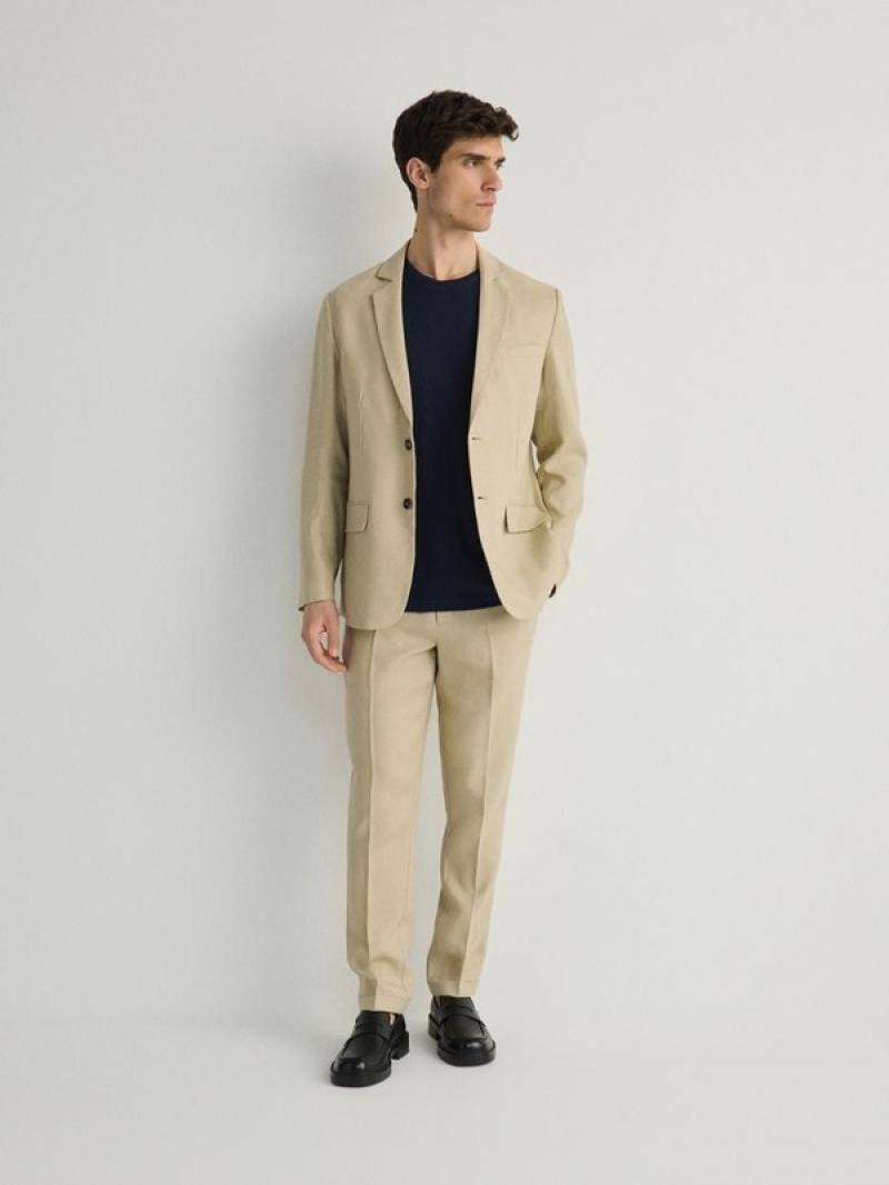 Beige Reserved Slim Fit Linen Men's Suits | AJMS-65370