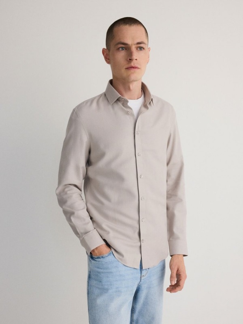 Beige Reserved Slim Fit Plain Men's Shirts | XOZW-14308