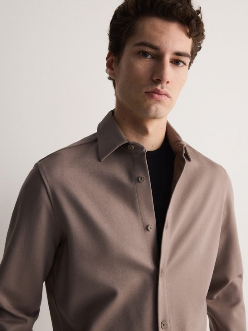 Beige Reserved Slim Fit Viscose Men's Shirts | BMTJ-13459