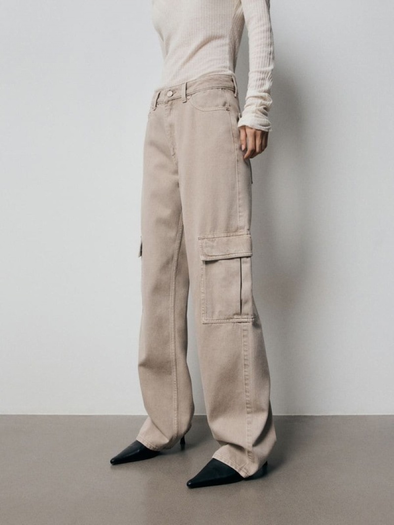 Beige Reserved Wide Leg Cargo Women's Jeans | AYIM-90412