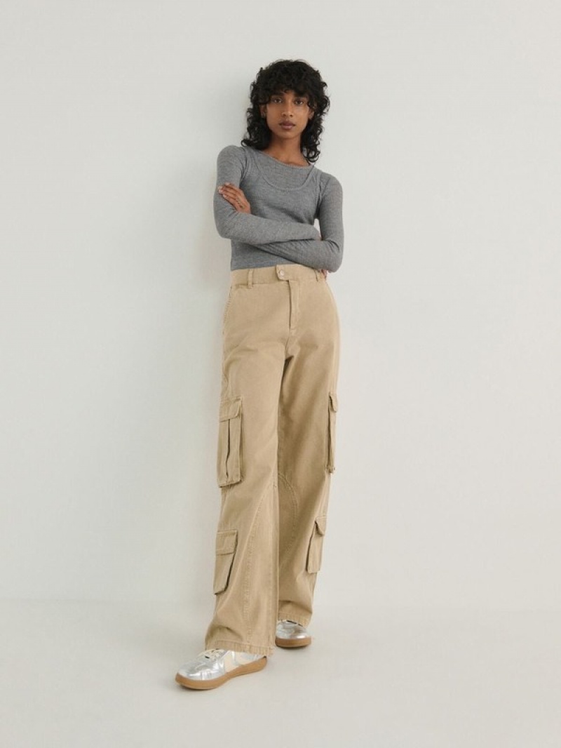 Beige Reserved Wide Leg Women's Trousers | FCWN-27419