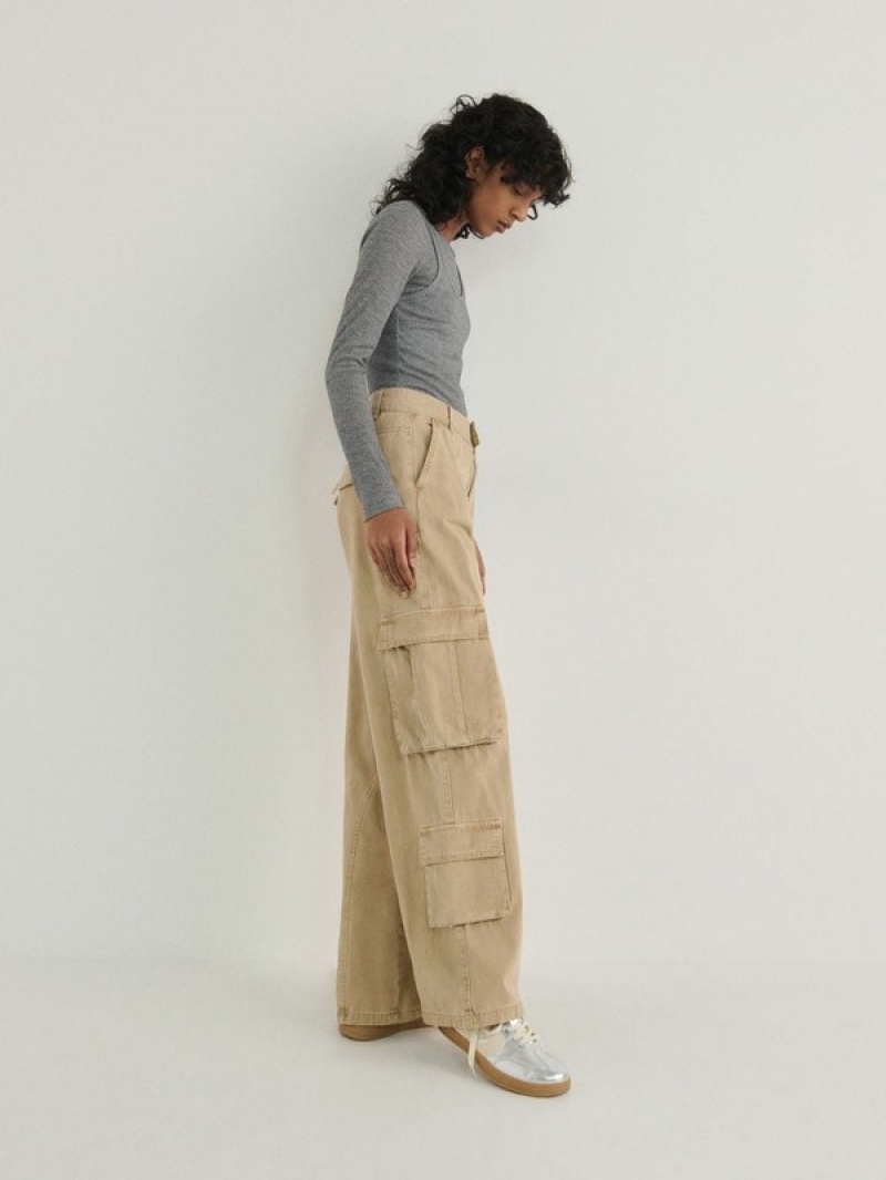 Beige Reserved Wide Leg Women\'s Trousers | FCWN-27419