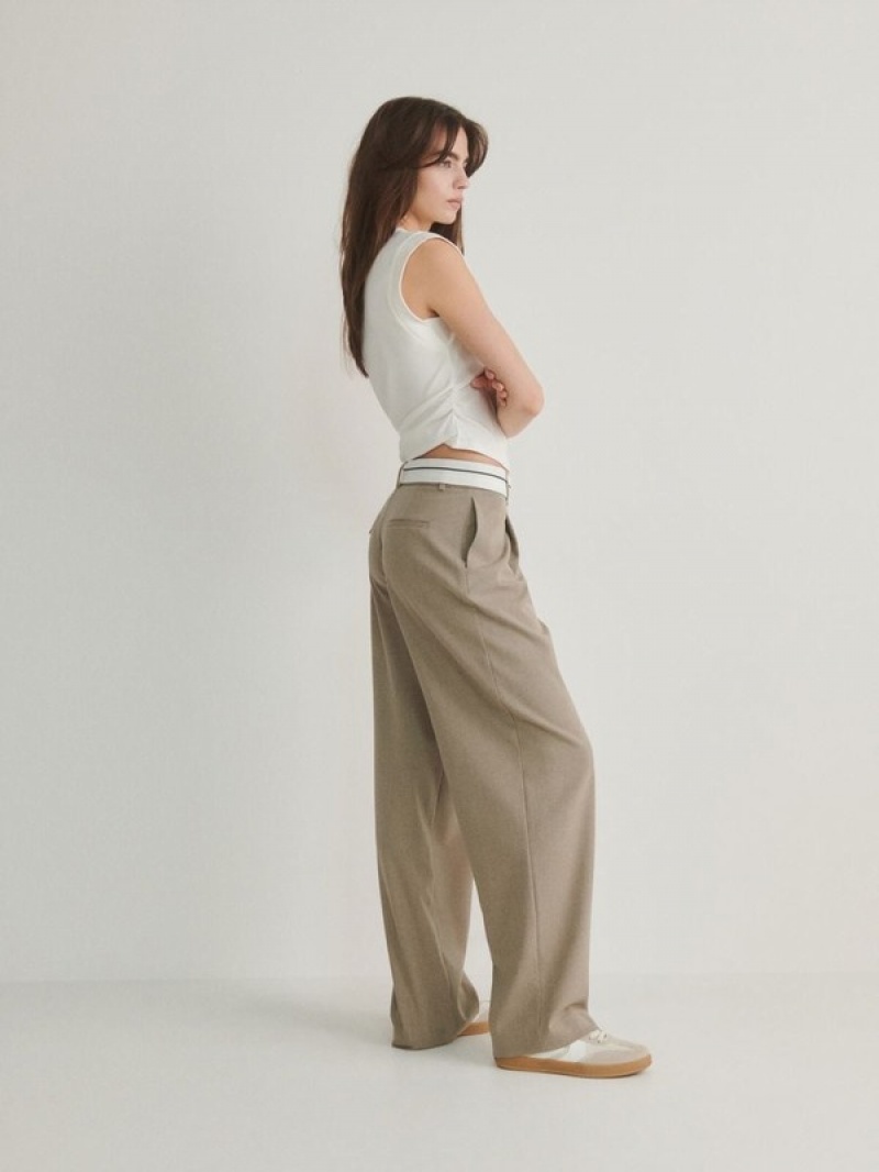 Beige Reserved Wide Legcontrasting Waistband Women's Trousers | JSFM-26831