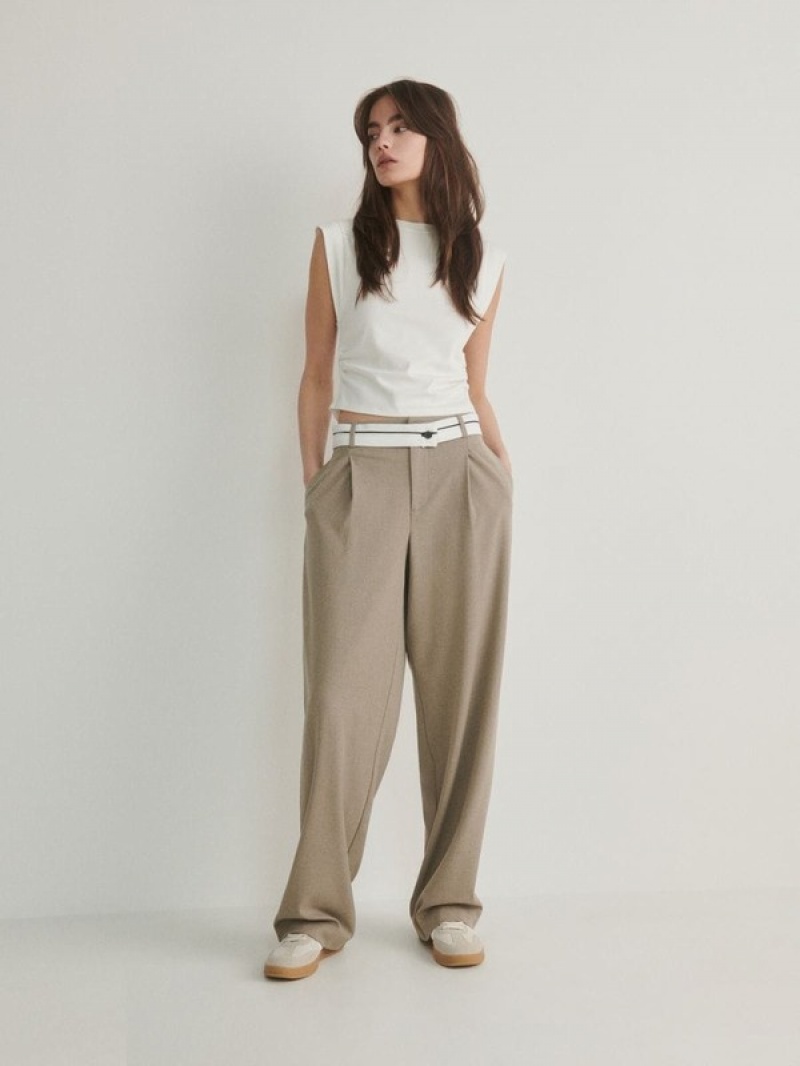 Beige Reserved Wide Legcontrasting Waistband Women's Trousers | JSFM-26831