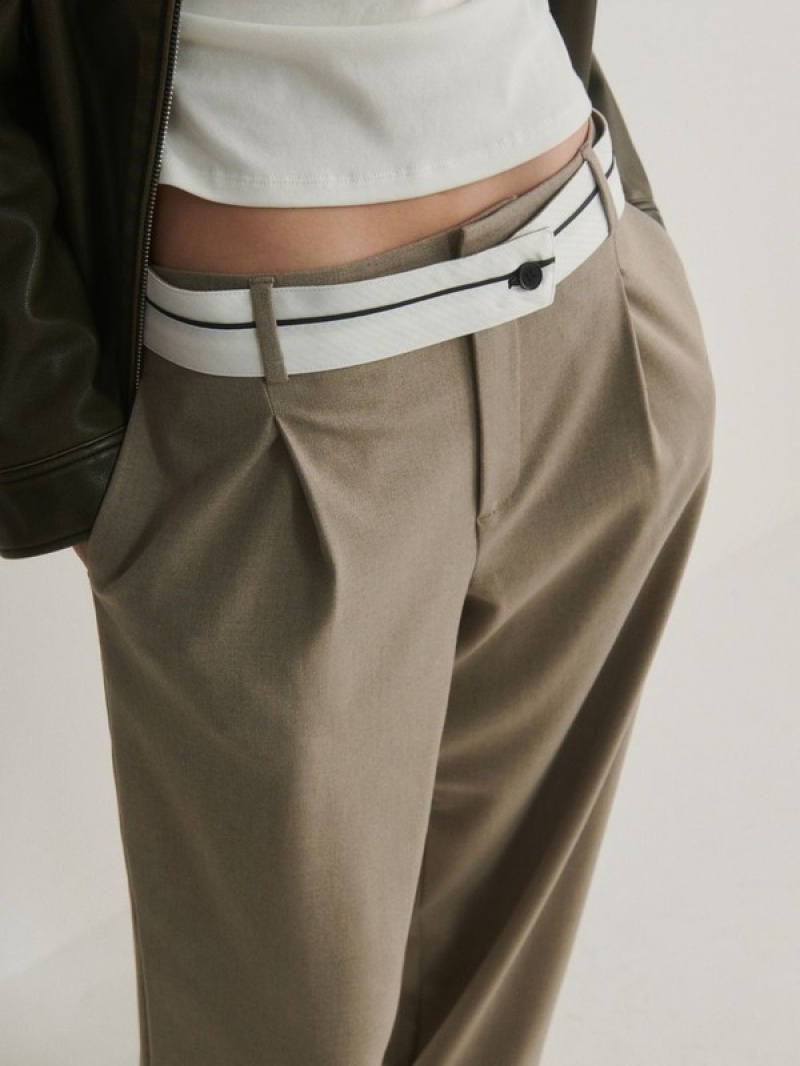 Beige Reserved Wide Legcontrasting Waistband Women's Trousers | JSFM-26831