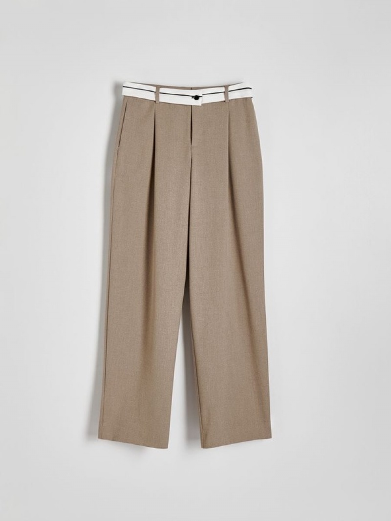 Beige Reserved Wide Legcontrasting Waistband Women's Trousers | JSFM-26831